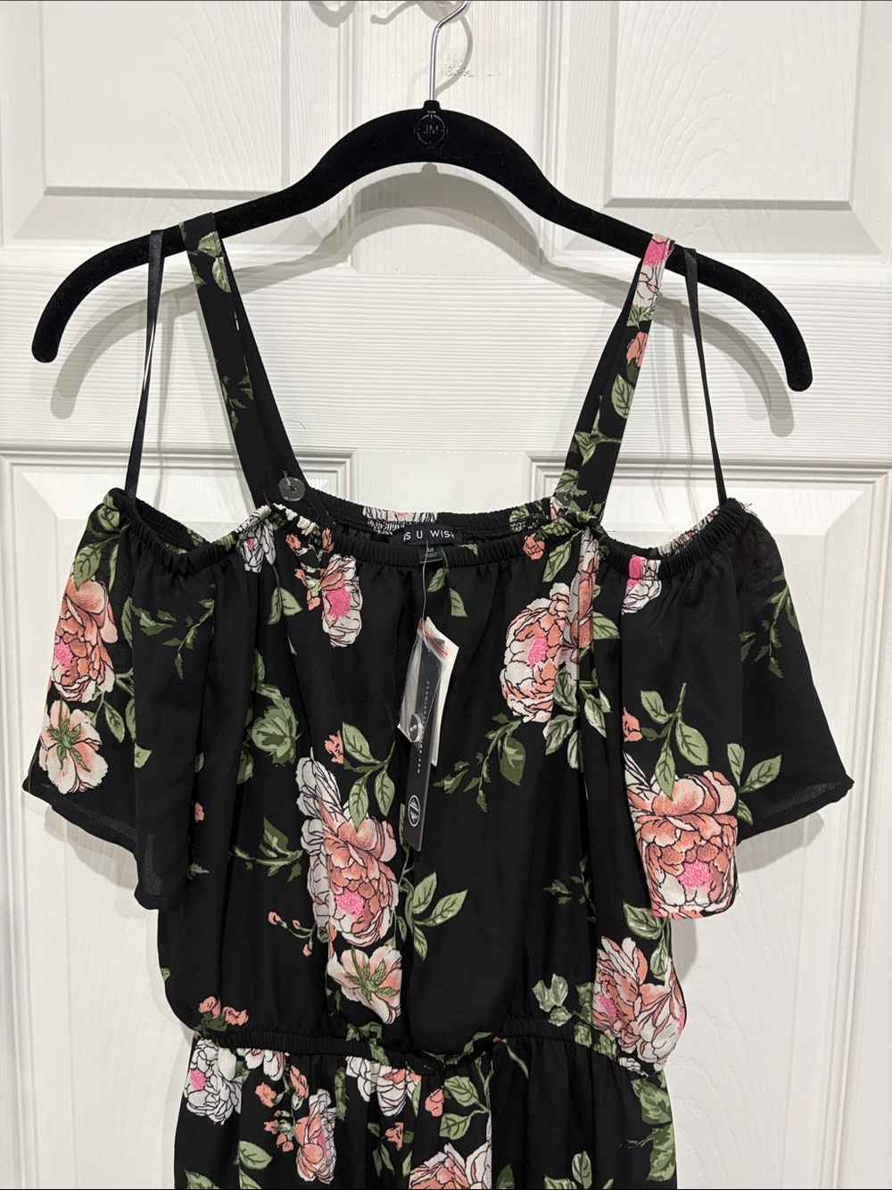 Black Floral Cold-Shoulder Jumpsuit with Pink Roses